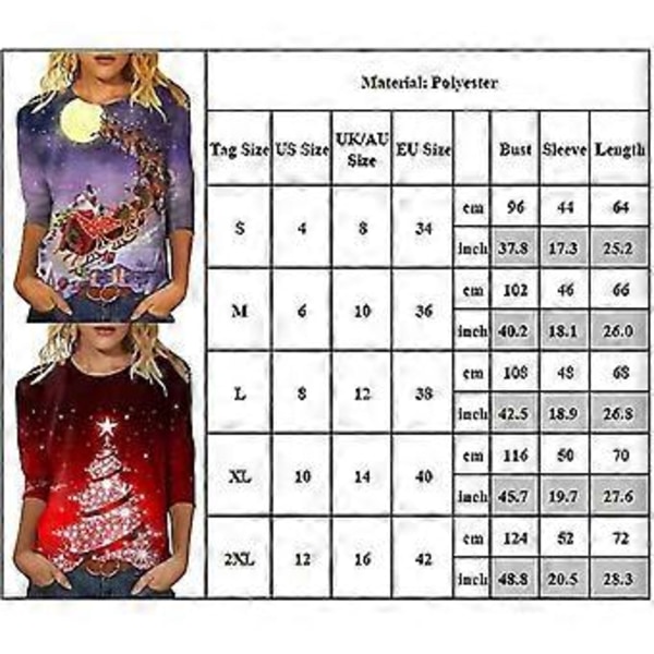 Dame Juletræ Julemand Printet 3/4 Ærme Rund Hals T-shirt Tee Toppe (L C)