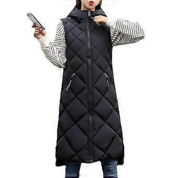 Vinterväst för damer, vadderad med dragkedja, ärmlös, huva, enfärgad, håller värmen, tjock, midi-längd, vinterdunjacka för daglig användning (2XL svart)