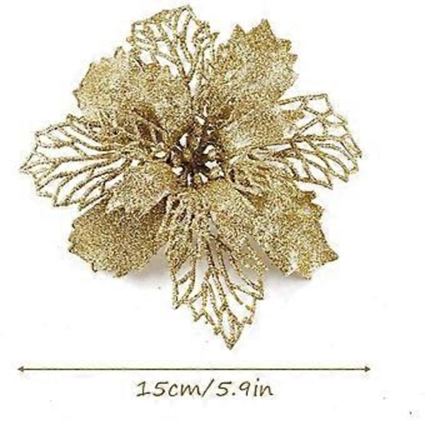16 stk. Glitter Blomst Juletrepynt Blomster Trepynt Juledekor Gull