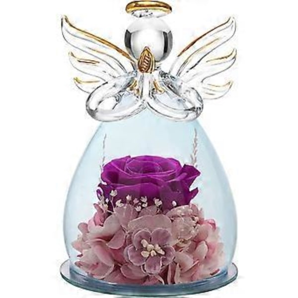 Rose blomst fødselsdagsgave til kvinde mor bedstemor kone, glas engel figur gave med smukke lilla blomster jul