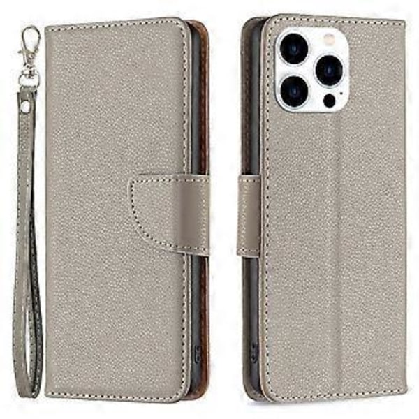 For iPhone 15 Pro Lommebok PU Lær Mobiltelefondeksel Telefon Klaff Stativ Etui med Stropp (Stil A)