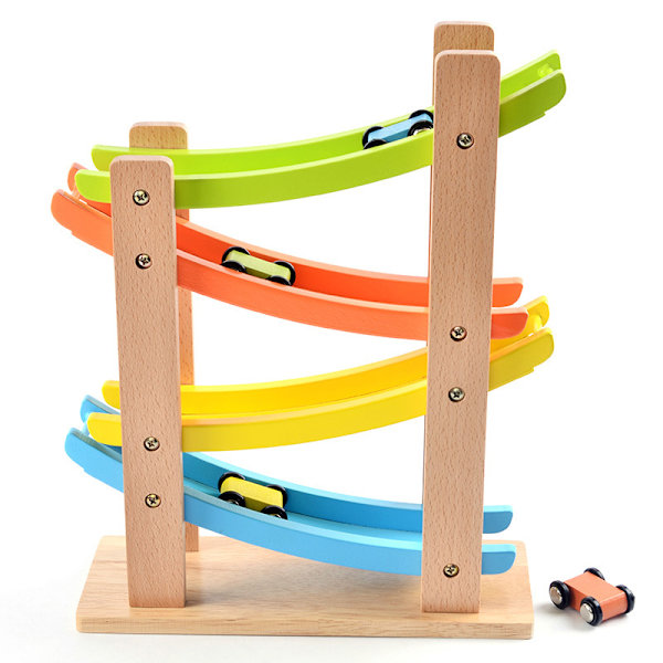 Et fargerikt trestykke med fire skinner, glidende barnespill