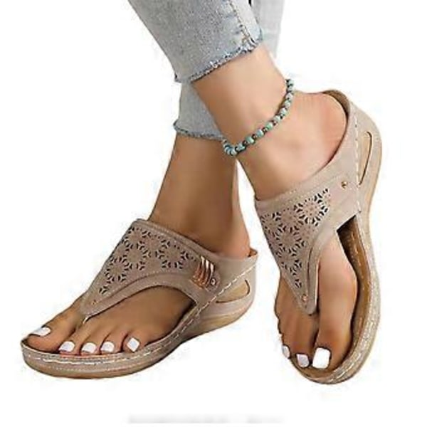 Håliga blomkilar Flip-Flops för damer, andningsbara bekväma sandaler för resa utomhusbruk (36 Khaki)