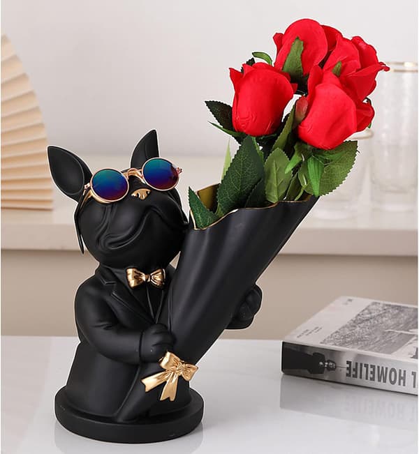 Fransk Bulldog Statue med Bakke i Rustfrit Stål, Borddekoration