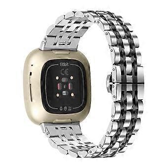 Kompatibel med Fitbit Sense 2 / Versa 4 rustfrit stål urrem stilfuld 7 perler design udskiftningsarmbånd (sort)