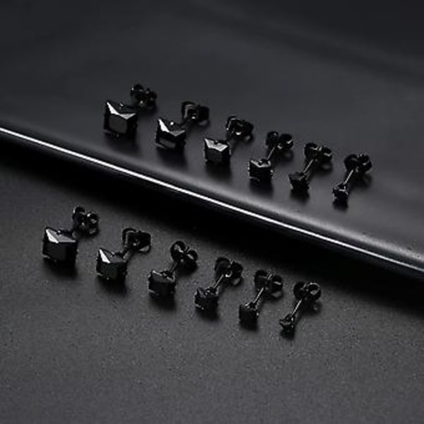 Ørestikker i rustfrit stål til mænd og kvinder, sorte firkantede zirkoner, 6 par 3mm-8mm