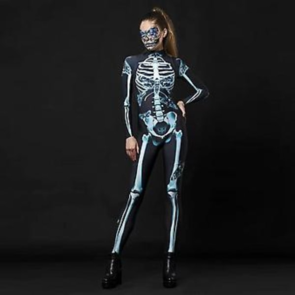 100% Ny, Halloween Skelet Kranie 3D Catsuit Jumpsuit Kvinder Cosplay Bodysuit Udklædning (XL)