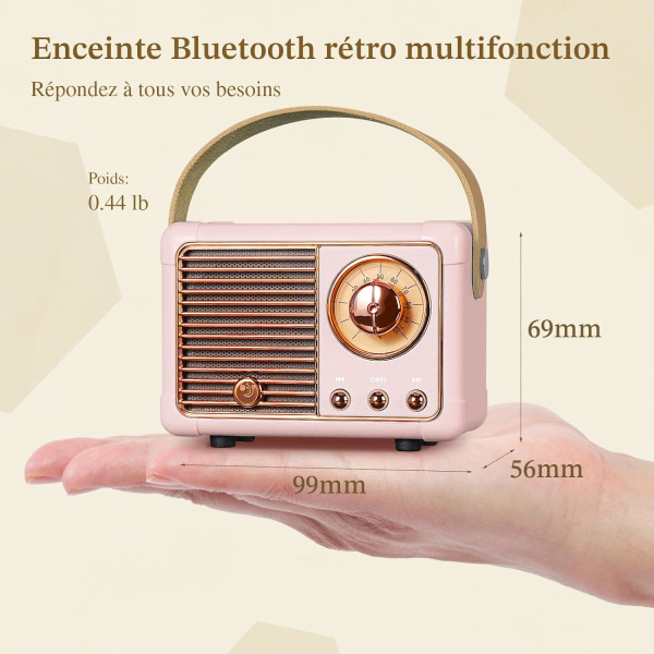 Bærbar retro Bluetooth-højttaler, FM-radiohøjttaler med 3W kraftig højttaler, basmembran, håndfri