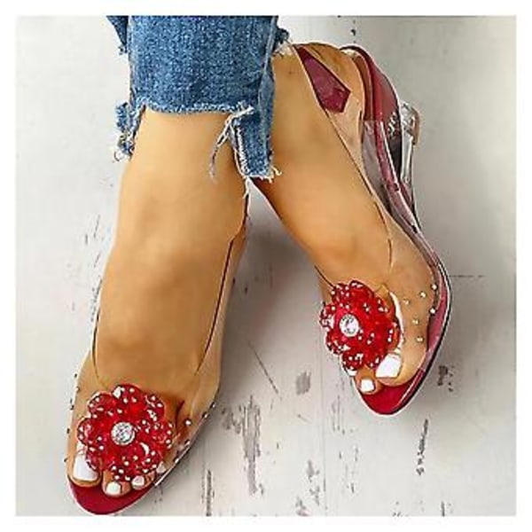Sandaler med nitar och blomdesign, transparenta sandaler med strass och kilklack, damskor för vardagsbruk (36 Röd)