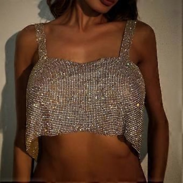 Dame Sexy Off Shoulder Crop Tank Topp Skinnende Rhinestone Metall Diamant Vest Ryggløs Dansefest Smykker Clubwear Sølv (Sølv)