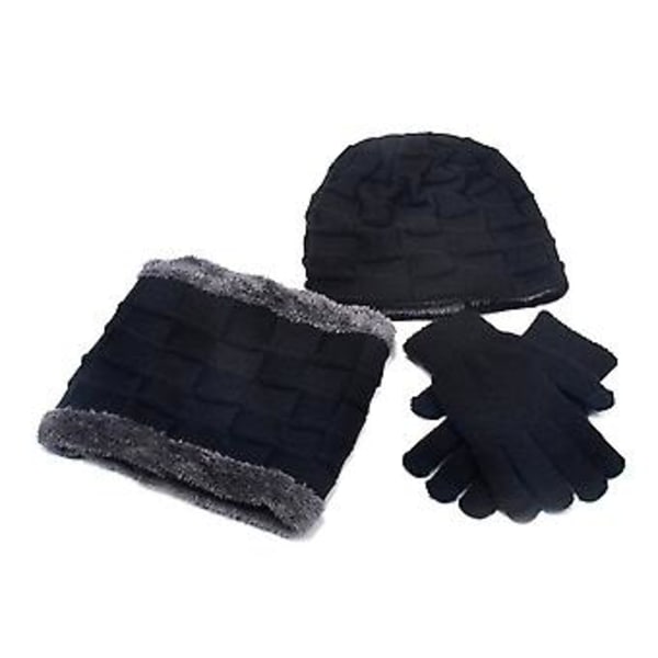 Vintermössa, Halsduk och Vantar Set i Fleece för Barn Stickad Tjock Varm Mössa Halsvärmare för Barn Pojkar Flickor 4-15 År (Svart)