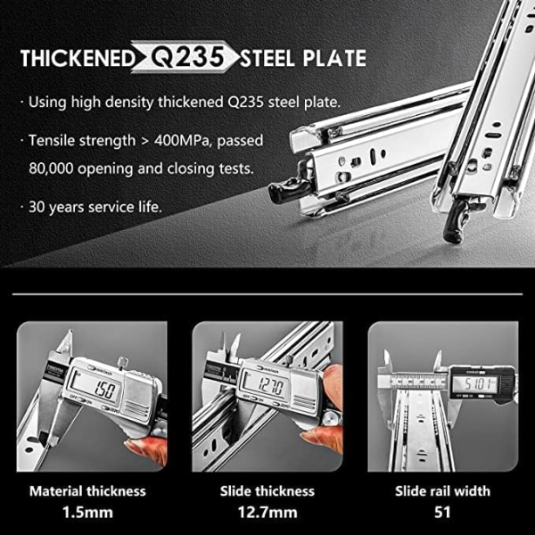 2 stk. Heavy duty skuffeskinner, forlængelse 300 mm, med lås, belastning op til 68 kg