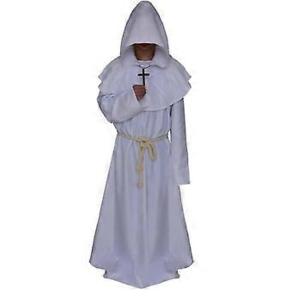 Halloween Friar Keskiaikainen Pappi Miesten Munkki Cosplay Hupullinen Kaapu Viitta Cosplay Puku Naamiaisasu -NMAOV(S Valkoinen)