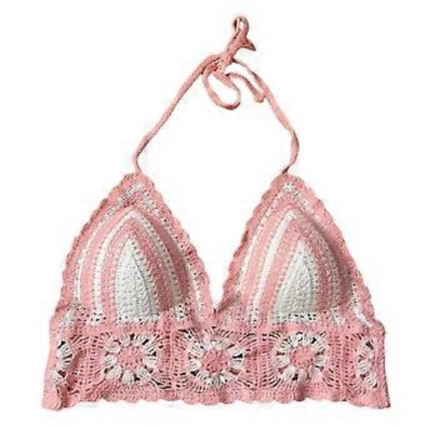 Halterneck Virkad Blomma Bikini Behåar Crop Top för Kvinnor Sexig Urholkad Stickad Rygglös Camisole Väst med Bröstkuddar Rosa (Rosa)
