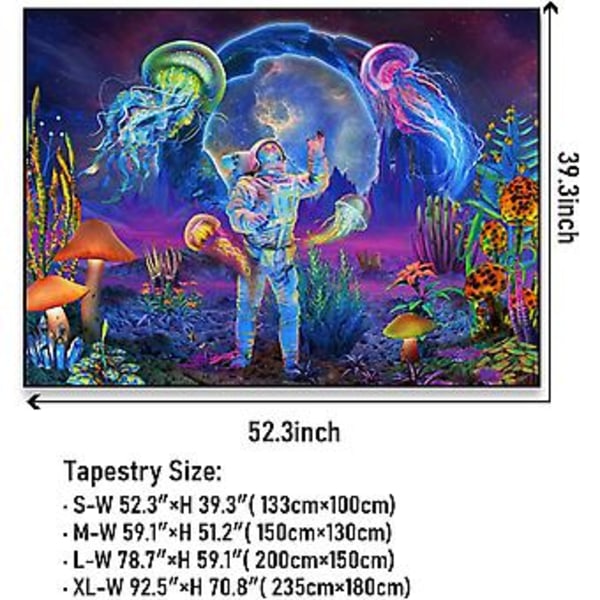 Svartlys Astronaut Tapestry UV-reaktiv Planter Maneter Neon Galaxy Romveggteppe For Rom W59h51
