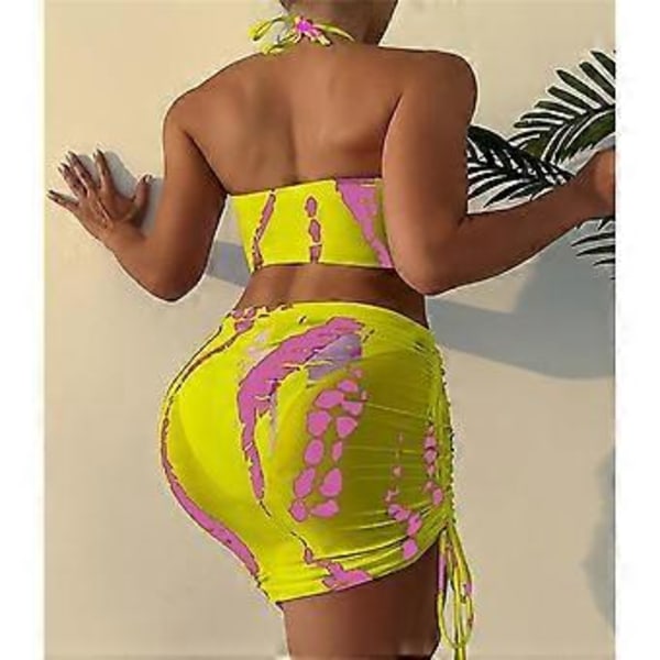 Keltainen XL Naisten Ristiin Rastiin Halter Bikini Uimapukusetti Muodikas Rento Solmimisvärjätty Kolmiosainen Uimapuku Rantahameella