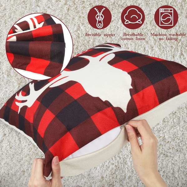 4 Christmas Pillow Covers Cute Patterns of Reindeer, Snowflake, S