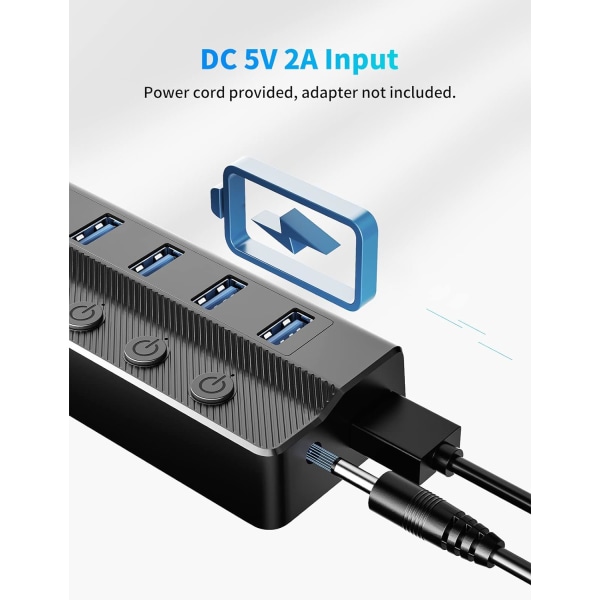 6-portars USB 3.0-hubb, bärbar USB-splitter med individuella på/av-brytare