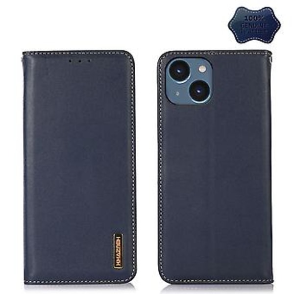 KHAZNEH Nappa Lærtelefonveske for iPhone 15 Plus (Blå)