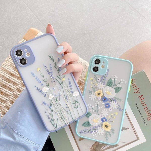 iPhone 13-fodral med blommigt klart frostat PC-baksida, blommönster för flickor och kvinnor