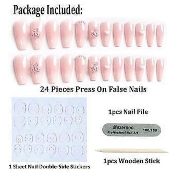 24 st. Pärlgelé Falska Naglar, Söta 3D Aurora Kristall Björnhjärta Press-on Naglar Bling Glansig Gradienterad Rosa Falska Naglar Kärlek Dating Fingertoppar