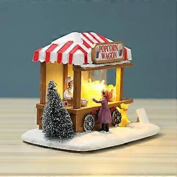 Julbyhus med LED-lampor Litet Hus Matvagn Ljusande Landskap Snö Harts Ornament Julhelgdekorationer Gåvor