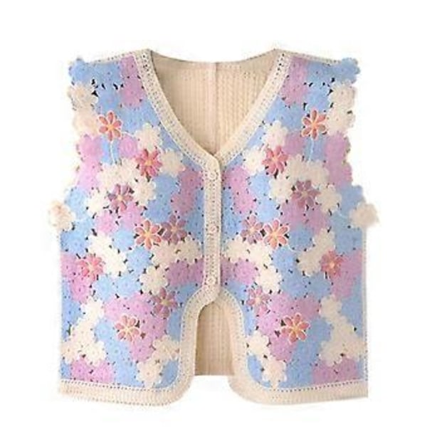 Dame Hul Crochet Strikket Ermeløs Vest V-hals Knapp Crop Top Cardigan Broderi Fargeblokk Blomstermønster Lilla (Lilla)