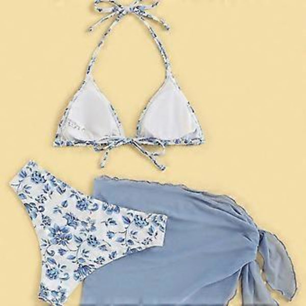 Dame Todelt Blomsterprint Badedragt Halterneck Badedragt med Strand Sarong Nederdel Todelt Halterneck Thong Badedragter Blå L(L )
