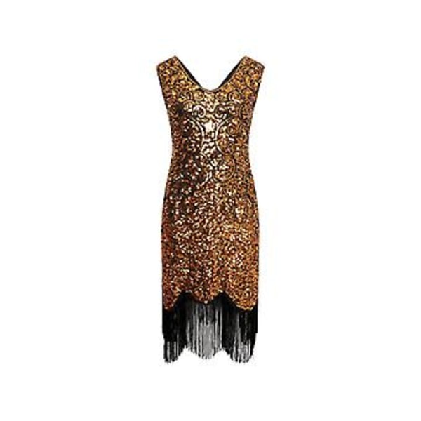 1920-tals Flapper Klänning V-ringad Paljettprydd Klänning Ryta 20-tals Gatsby Frans Klänning för Fest (M Svart-Guld)