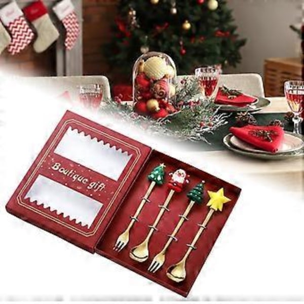 4 st Julbestick Skedar Gafflar med Presentförpackning Mångsidiga Bestick Jul Servis Sked Gaffel för Fest Högtid (Sked gaffel röd låda)