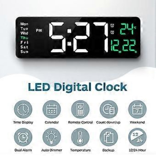 1 st Digital Väggklocka LED Väggklocka med Temperatur Datumvisning Dubbellarm Stor Heminredning 16 tum