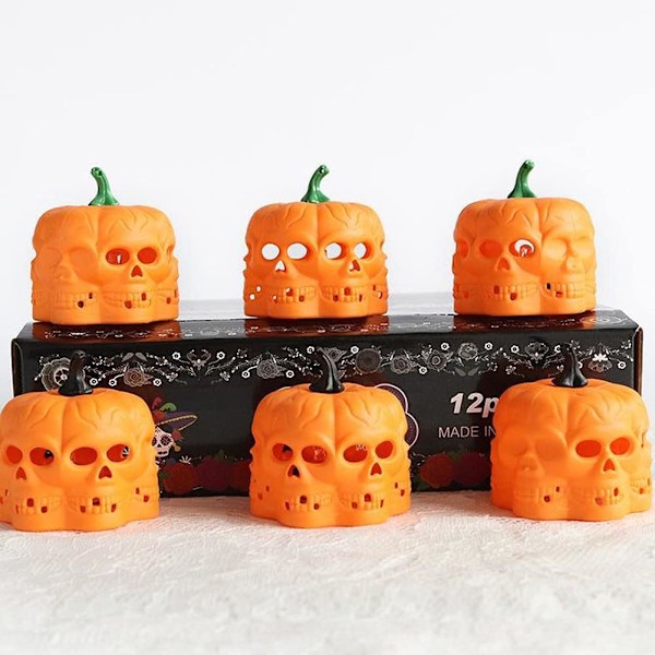 12 stk. LED Orange Græskar Lanterner, 3D Halloween Flammeløse Te Lys