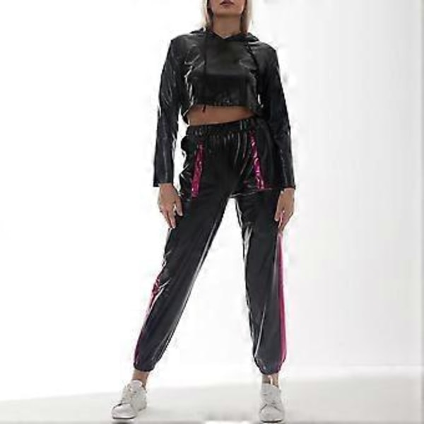 Dame Rave Outfit Skinnende Crop Top Hættetrøje Metallisk Afslappede Lange Bukser Hætte Workout Sweatshirt Disco Danse Clubwear(XX-Large Sort -Rose)