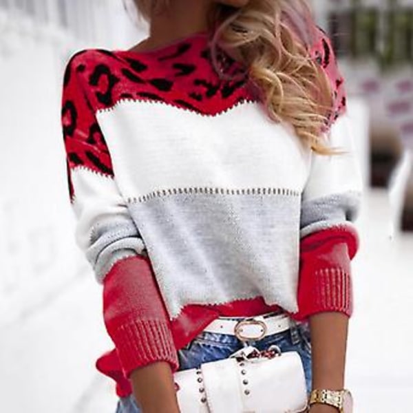 Långärmad Löstsittande Stickad Tröja Höst Vinter Leopardmönstrad Patchwork Färgad Pullover Tröja Damkläder (L Röd)