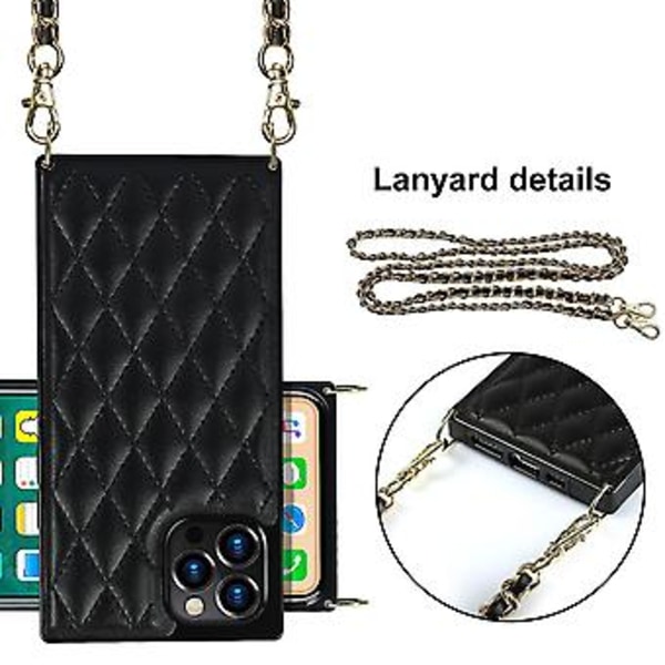 iPhone 14-fodral med kedja i PU-läder Datura Diamond Lattice (Svart)