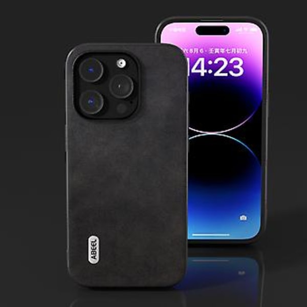 Kalvläder PU-fodral för iPhone 15 Pro (Svart)