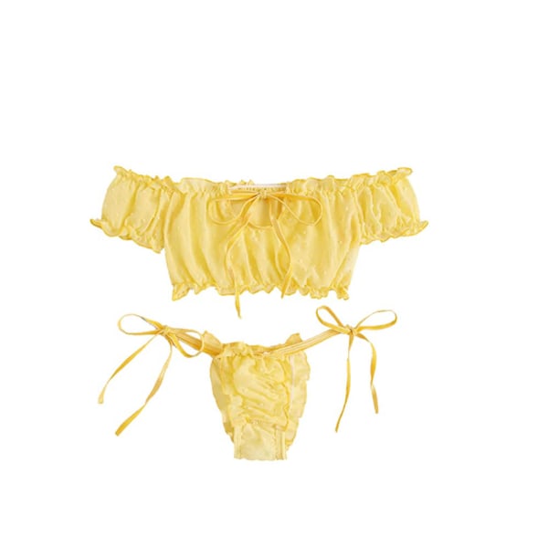 Kvinnors Självbindande Volang Trim Dobby Mesh Underkläder Set Sexig BH och