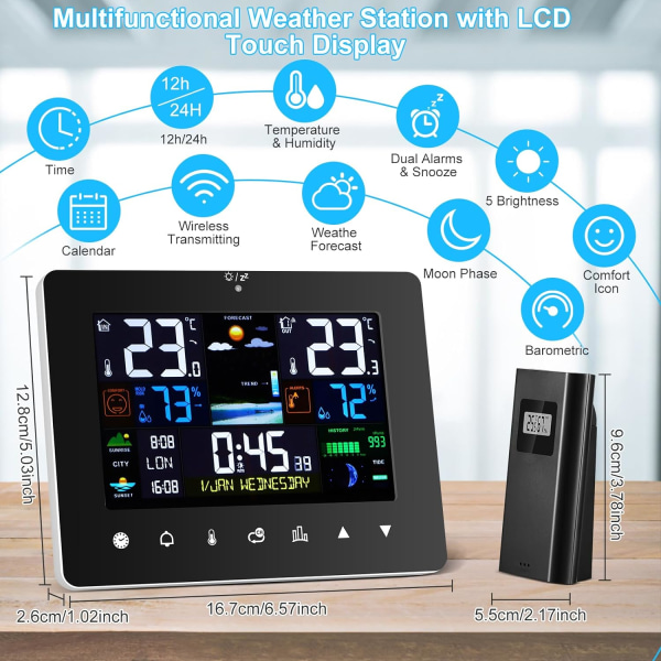 Værstasjon med innendørs og utendørs sensor, trådløs værstasjon med multifunksjonell berøringsskjerm med temperatur, fuktighet, lufttrykk og værmelding