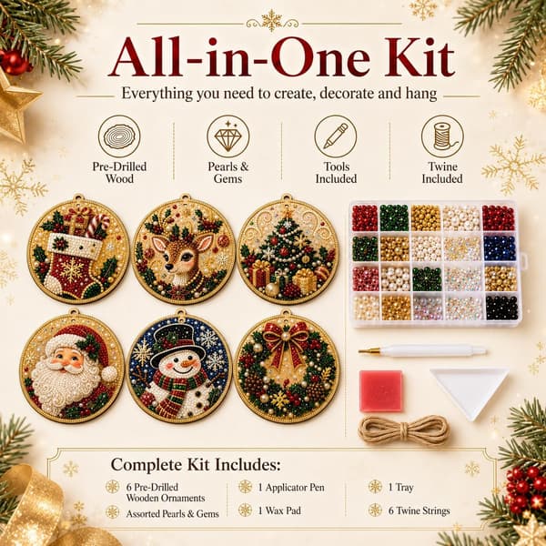 6-delt juletrepyntsett i tre, DIY perle- og rhinesteinsmalingssett (E) E