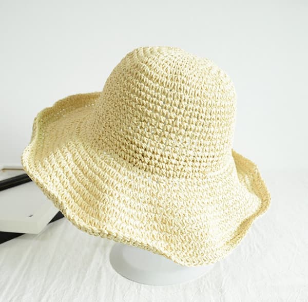 Sommerhatt for damer, stråhatt, strandhatt, sammenleggbar, bred brem, floppy, beige