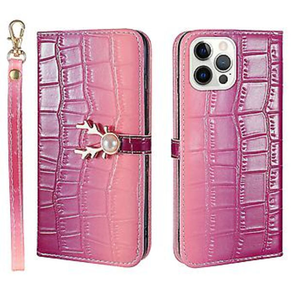 Telefonfodral med älgmönster för iPhone 14 Pro med kortfack, snodd, PU-lädermaterial, plånboksfunktion, hörnfallskydd (lila rosa)