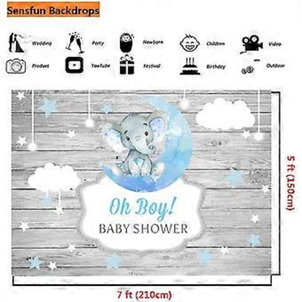Baby Shower Bakgrunn for Gutter - Rustikk Tre, "Twinkle Twinkle Little Star", Blå Måne Elefant, Nyfødt Dekorasjon