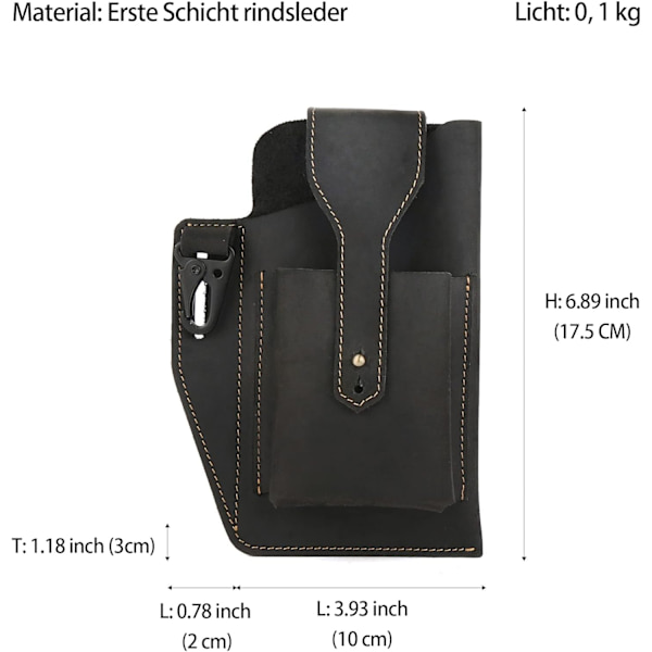 (sort) Mobiltelefon Fanny Pack med nøglering, Retro ægte læder Fanny Pack til mænd, Multifunktion