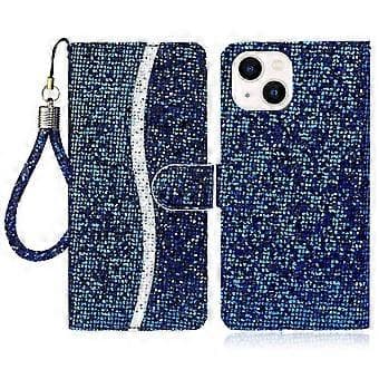 PU Læder Pung Cover til iPhone 15 Etui Stativ Glitter Splicing Telefon Skal med Rem (Style E)