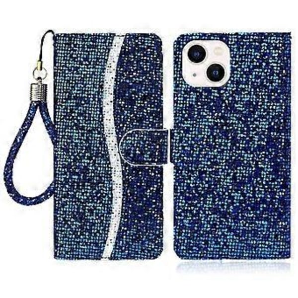 PU-nahkainen lompakko-kotelo iPhone 15:lle, seisova Glitter-liitospuhelin kotelo hihnalla (tyyli E)