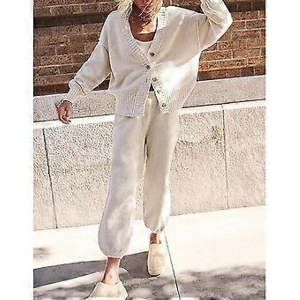 Dam 2-delat Stickat Set V-ringad Långärmad Tröja Kofta Jackor Toppar Vida Ben Byxor Träningsdräkt Outfits Loungewear Lila S(S Lila)