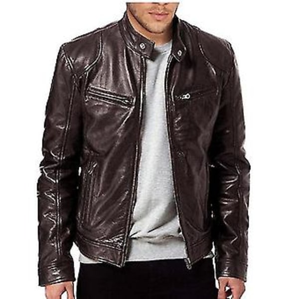 Herrar Slim Fit PU Läder Personlig Dragkedja Jacka (S Brun)