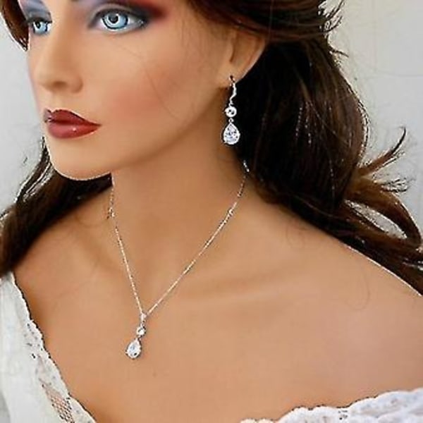 Luksuriøs Mode 925 Standard Sterling Sølv Hvid Krystal Kvinders Øreringe Halskæde Sæt Pynt Bryllup Brud Prinsesse Kærlighed Smykker ( )