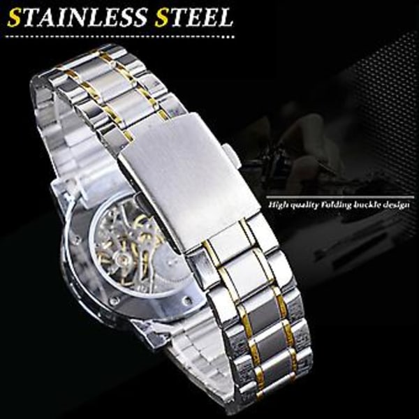 Herre Rustfrit Stål Vintage Klassisk Diamant Hul Mekanisk Armbåndsur (Guld Hvid)