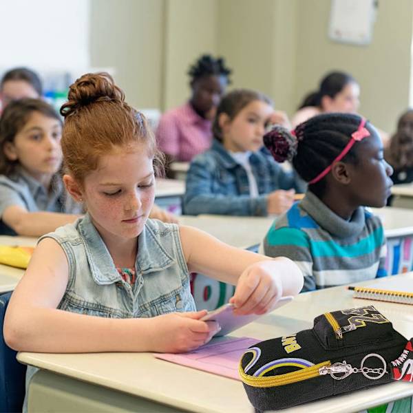 Sort etui i sort, dobbelt lag skole etui stor kapacitet blyant taske skole makeup pung